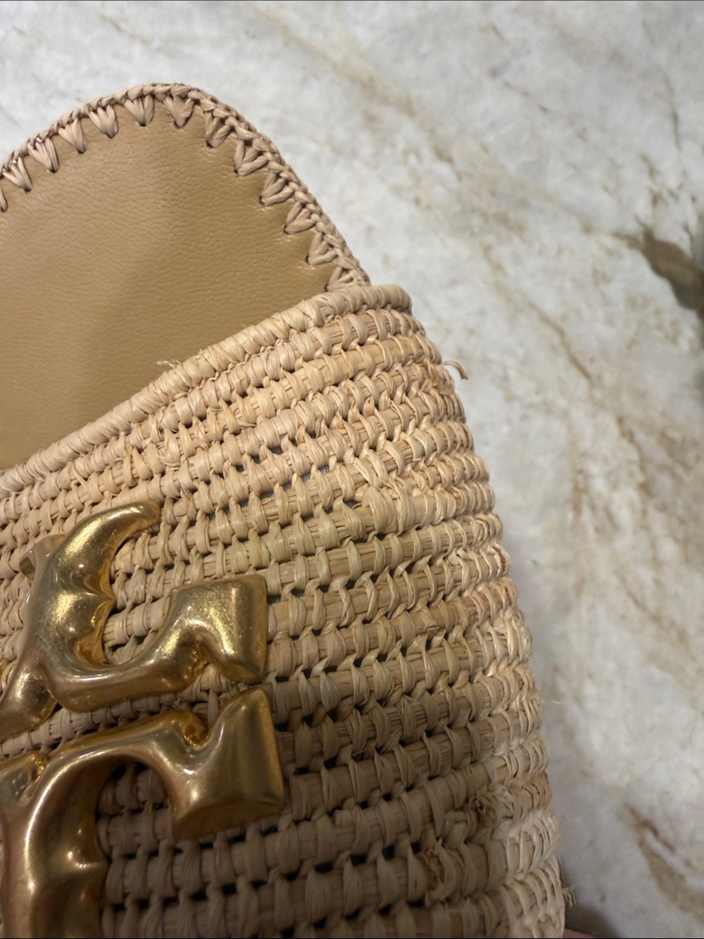 Tory Burch Tan Raffia Slide Mules with Gold Logo - Picture 4 of 5